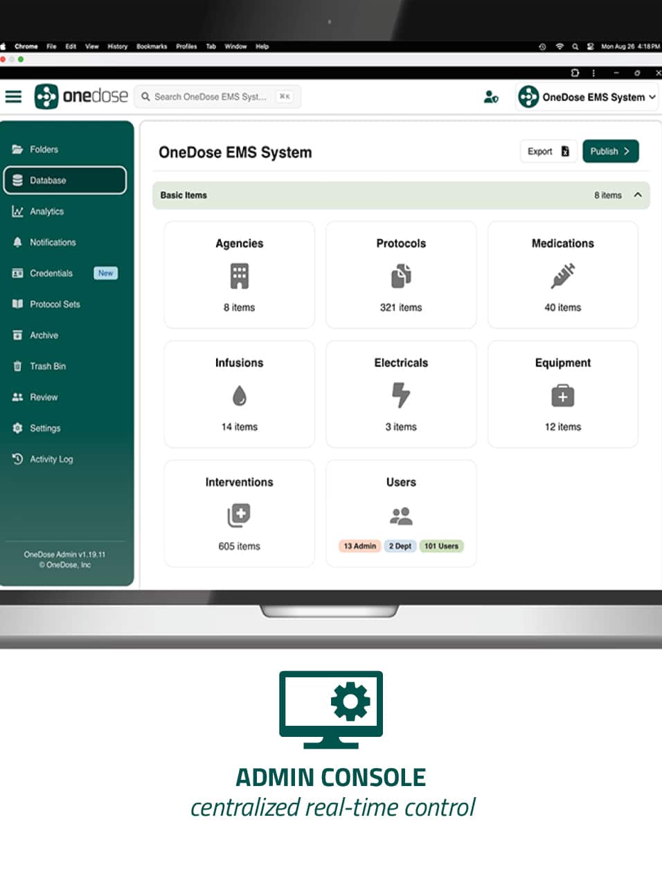 Admin console in the OneDose app