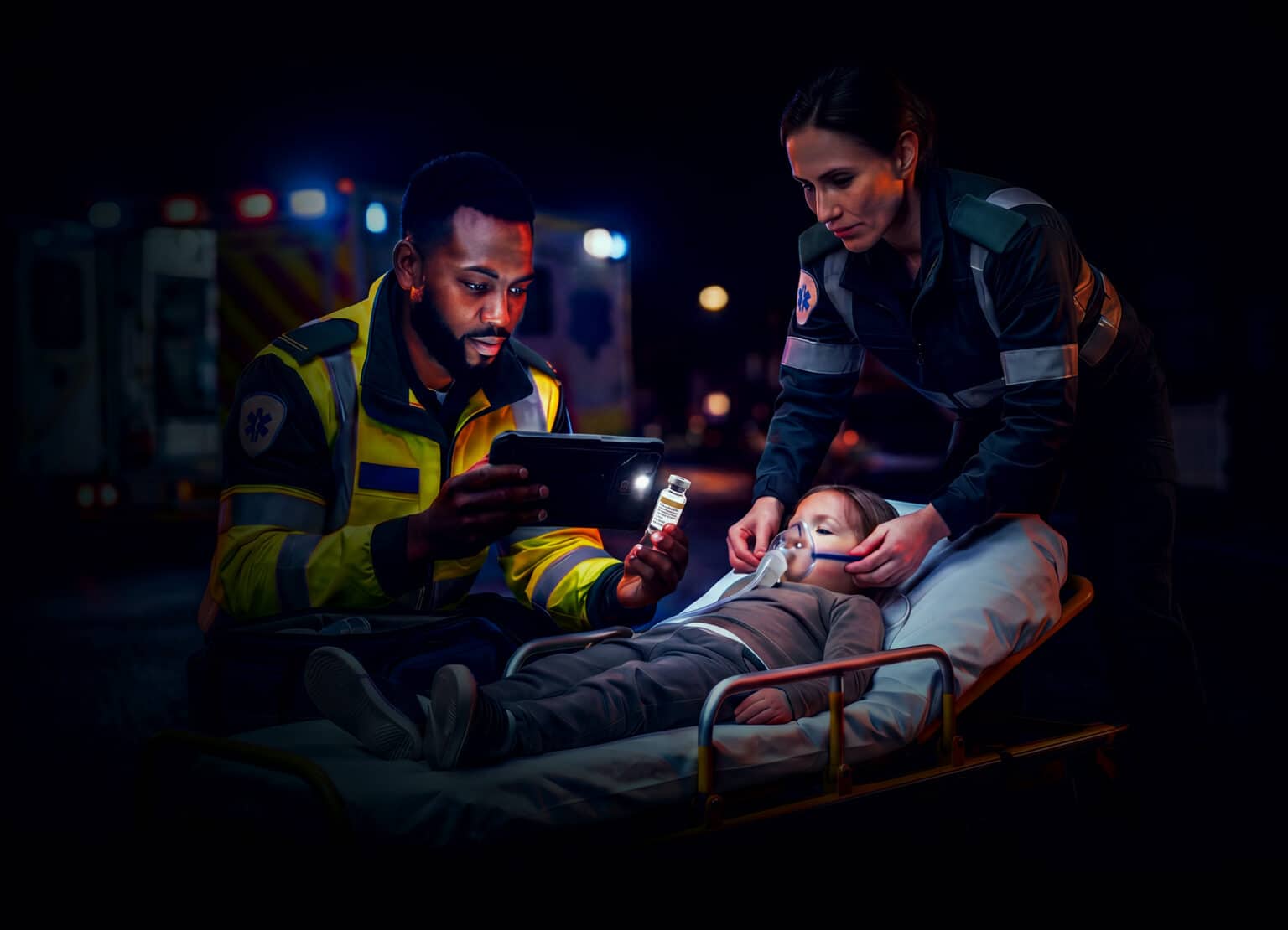 EMS providers caring for a child using OneDose on a tablet