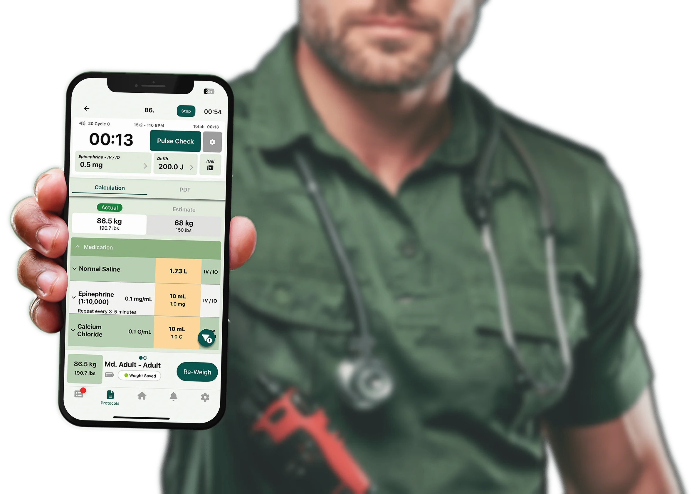 EMS provider holding out a phone running the OneDose app with a cardiac arrest dosing screen