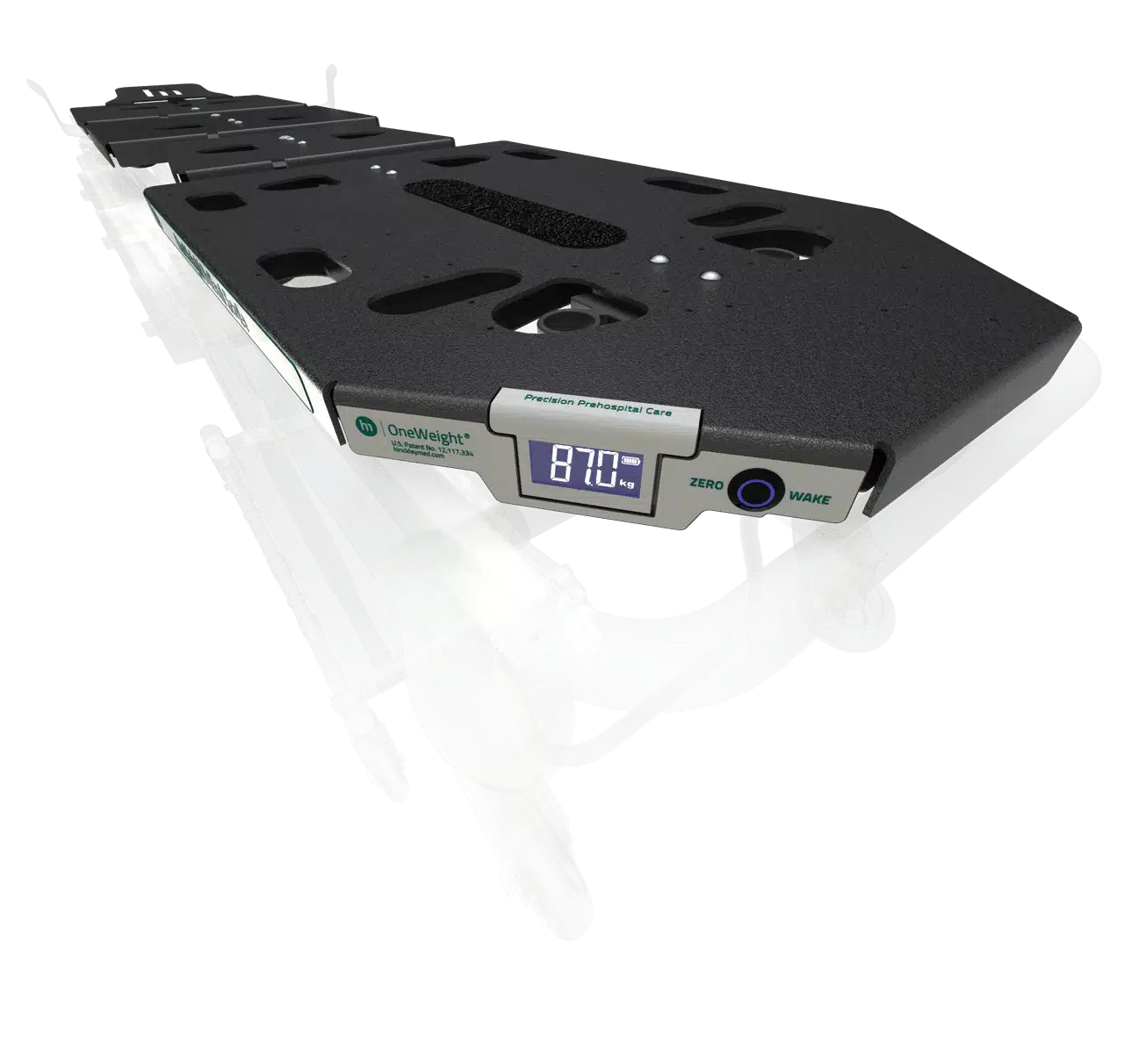 OneWeight scale on an ambulance cot, reading 87.0 kg