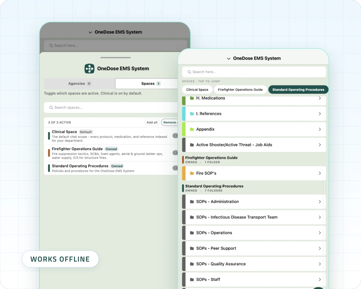 OneDose mobile app showing the space switcher and a space library, available offline.