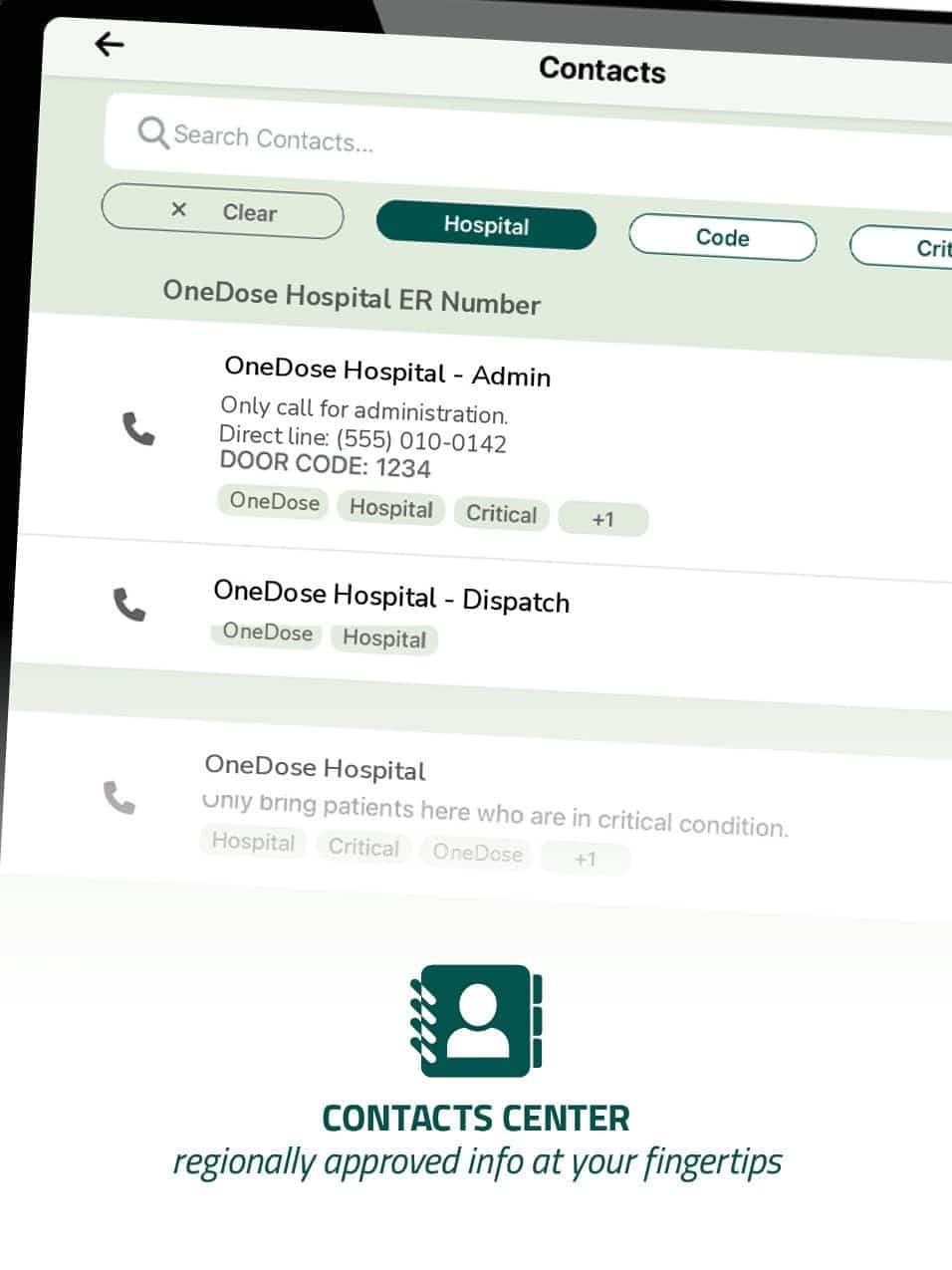 Contacts center in the OneDose app