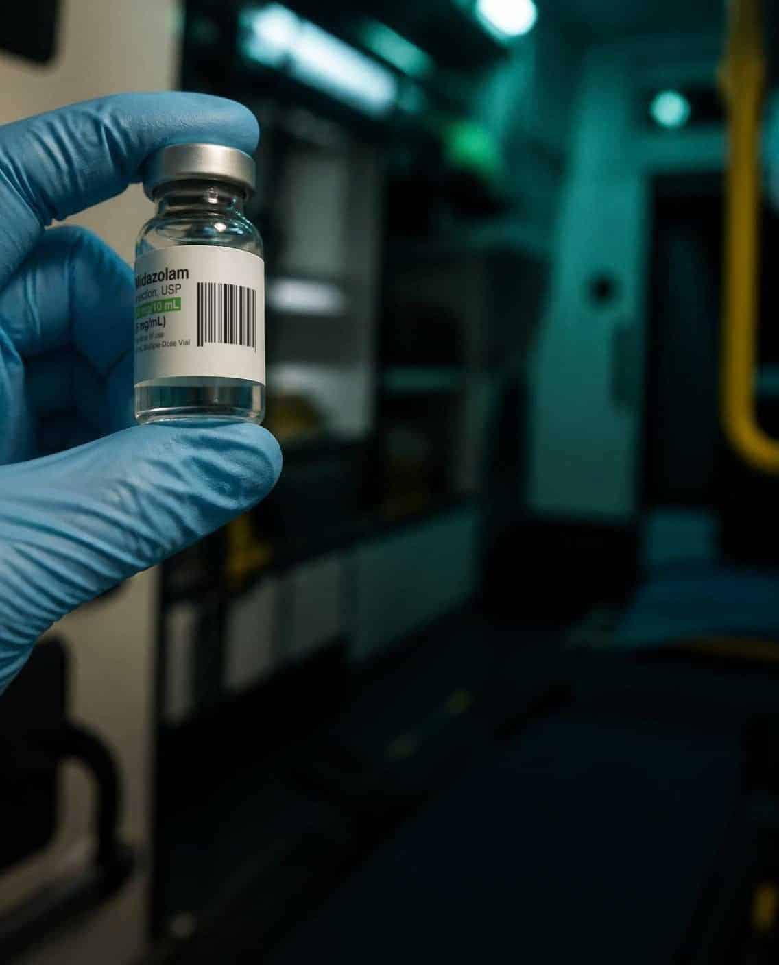 Gloved hand holding a midazolam vial with its label and barcode facing the camera, inside an ambulance