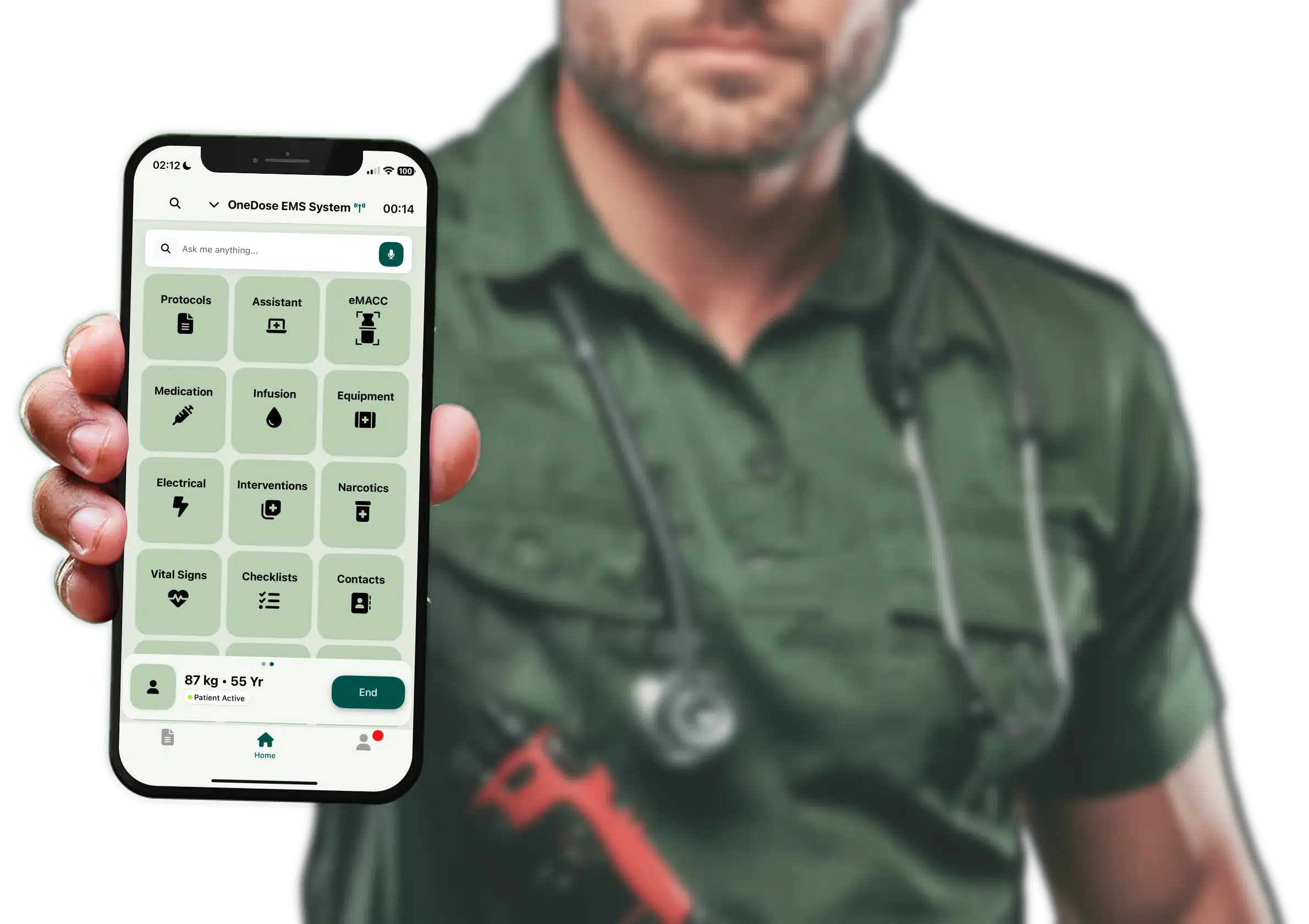 EMS provider holding out a phone running the OneDose app home screen