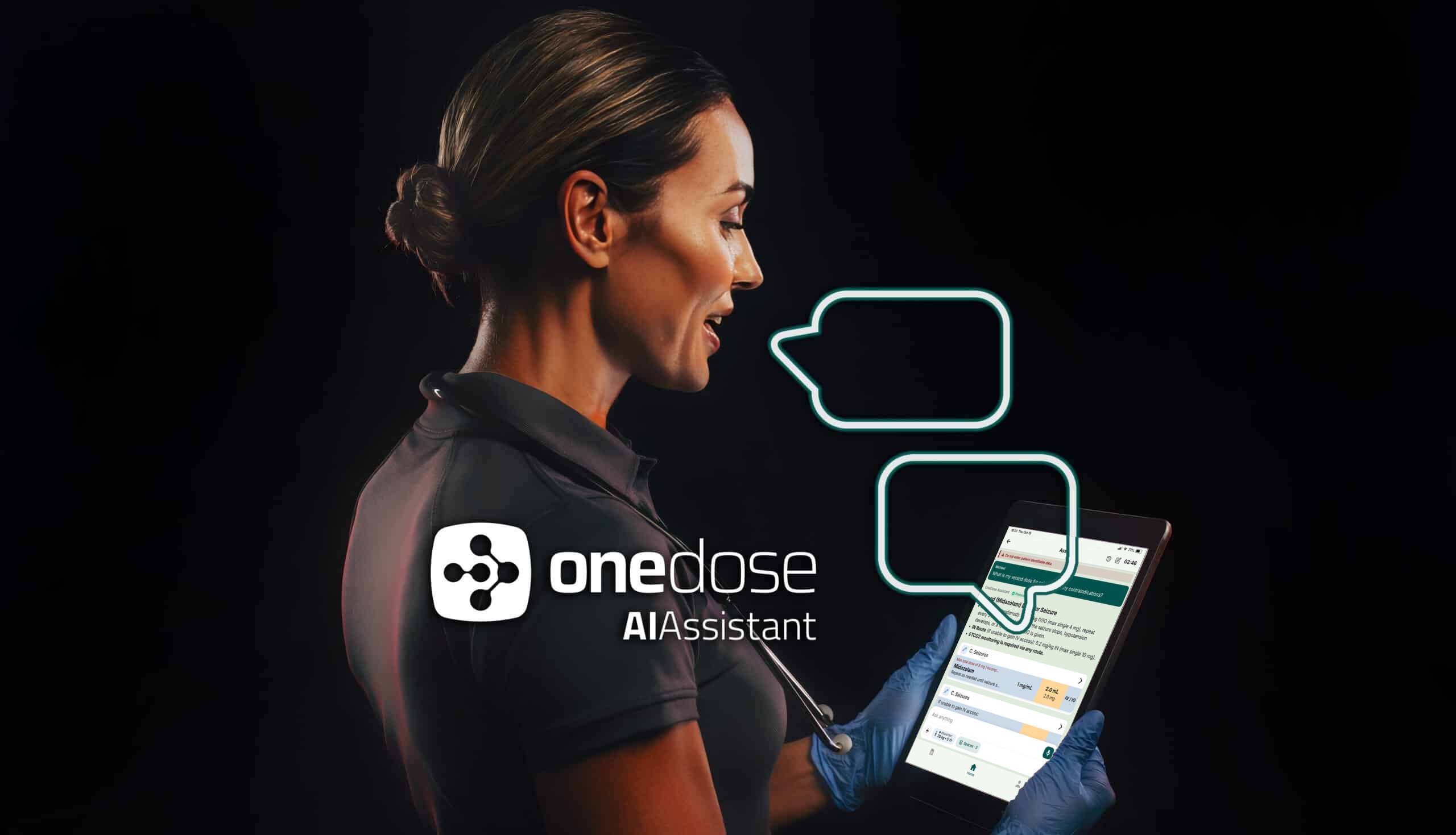 Medic holding a tablet with the OneDose AI Assistant answering a Versed (midazolam) dose question for seizure