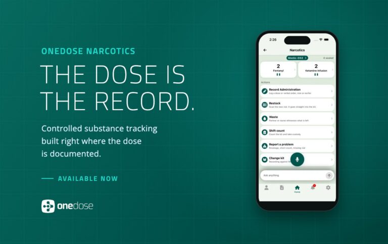 OneDose Narcotics on a phone, with kit counts and actions to record, restock and waste controlled substances