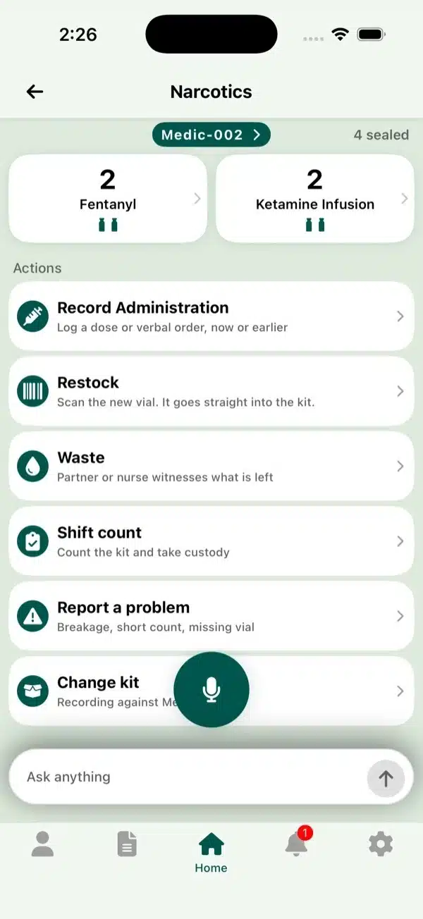 The Narcotics tab in the OneDose app for kit Medic-002, showing fentanyl and ketamine counts and the Record Administration, Restock, Waste, Shift count and Report a problem actions
