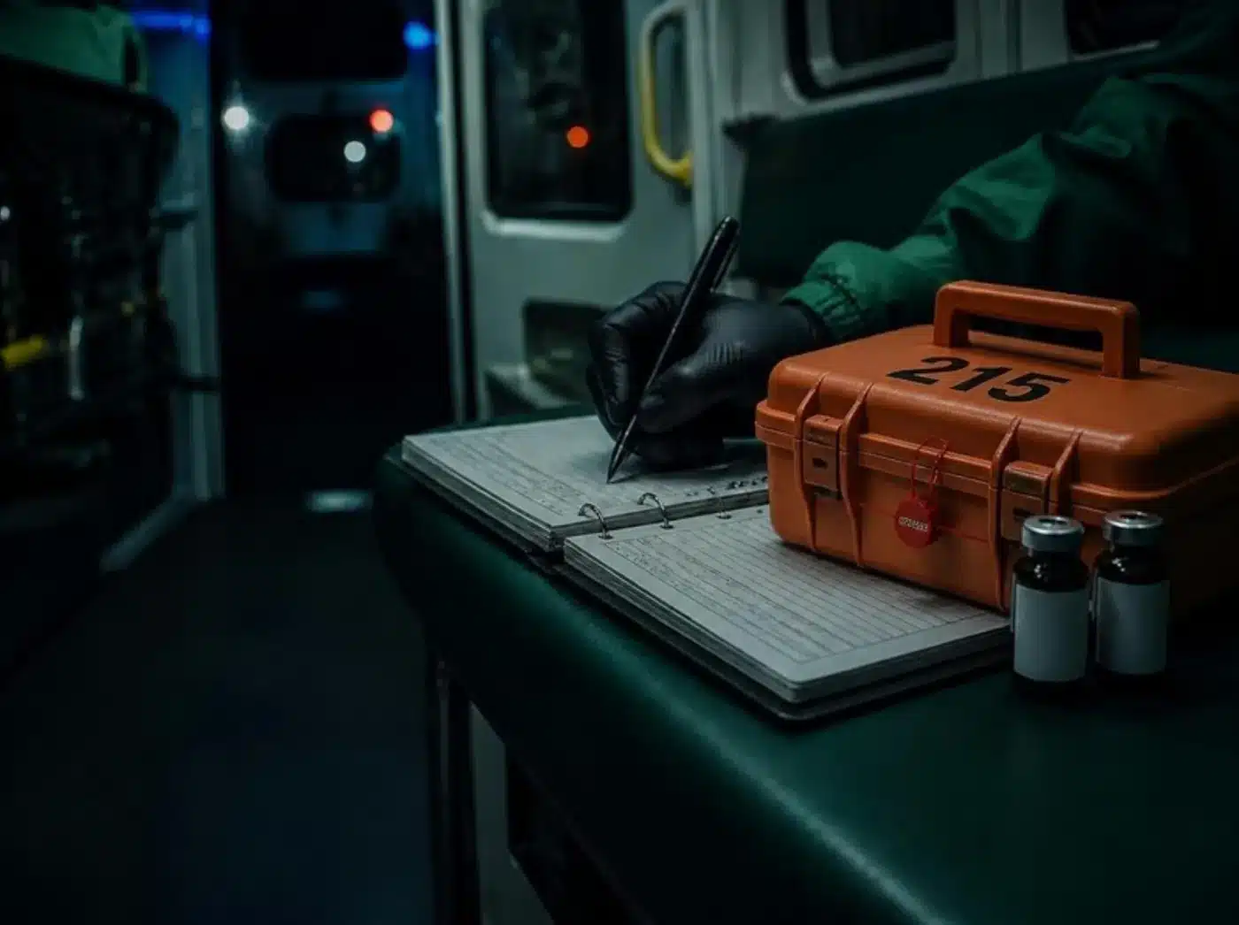 A paramedic writing in a paper narcotics log in the back of an ambulance, next to an orange drug box and two vials